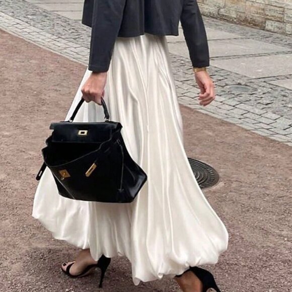 Beige Casual Women's Satin Pleated Bubble Long Skirt - Picture 8 of 13